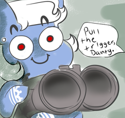 Size: 605x568 | Tagged: safe, alternate version, artist:aerial aim, derpibooru import, oc, oc:dainty, commission, funny, meme, pull the trigger piglet