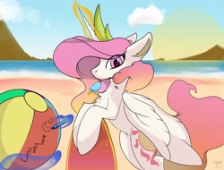 Size: 3600x2738 | Tagged: safe, artist:therealf1rebird, derpibooru import, princess celestia, alicorn, pony, beach, beach ball, food, horn, ice cream, implied princess luna, looking at you, solo, sun, wings