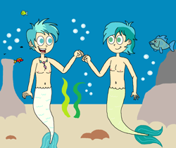 Size: 1669x1410 | Tagged: safe, artist:ocean lover, derpibooru import, sandbar, terramar, fish, belly button, boulder, bubble, cool, fist bump, friendship student, male, meeting, merboy, mermaid tail, merman, rock, sand, seaweed, smiling, tail, underwater