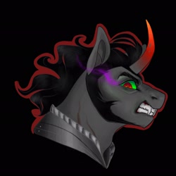 Size: 2048x2048 | Tagged: safe, artist:heinamaa1, derpibooru import, king sombra, pony, umbrum, unicorn, black background, fangs, looking at you, male, missing accessory, scar, simple background, snarling, solo, stallion