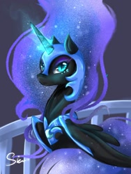 Size: 768x1024 | Tagged: safe, artist:midna77, derpibooru import, nightmare moon, alicorn, pony, blue eyes, blue mane, female, flowing mane, folded wings, glowing horn, helmet, horn, looking at you, mare, signature, smiling, solo, wings