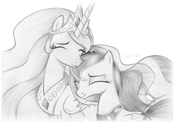 Size: 3507x2480 | Tagged: safe, artist:fladdrar-blyg, derpibooru import, princess celestia, princess luna, alicorn, pony, black and white, crown, eyes closed, female, flowing mane, folded wings, grayscale, horn, jewelry, monochrome, regalia, royal sisters, siblings, signature, simple background, sisters, smiling, traditional art, white background, wings