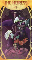 Size: 2000x3727 | Tagged: safe, artist:venseyness, derpibooru import, bat pony, cyberpunk, glaive, tarot card