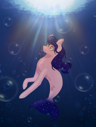 Size: 768x1024 | Tagged: safe, artist:delfinaluther, derpibooru import, oc, oc only, earth pony, pony, seapony (g4), bubble, crepuscular rays, eye scar, female, fish tail, flowing mane, heterochromia, looking up, ocean, scar, seaponified, signature, solo, species swap, sunlight, tail, underwater, water