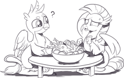 Size: 1408x885 | Tagged: safe, artist:nauyaco, derpibooru import, gallus, silverstream, classical hippogriff, fish, griffon, hippogriff, carrot, cute, female, food, gallabetes, gallstream, male, monochrome, seafood, shipping, straight, sweat, sweatdrop, this will end in tears