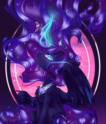 Size: 1200x1400 | Tagged: safe, artist:rainbowmoon2512, derpibooru import, princess luna, alicorn, pony, blue eyes, blue mane, chest fluff, crown, ethereal mane, female, flowing mane, glow, glowing horn, horn, jewelry, mare, necklace, open mouth, regalia, signature, simple background, sitting, smiling, solo, sparkles, starry mane, stars, tail, wingding eyes, wings
