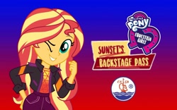 Size: 1599x999 | Tagged: safe, artist:spidey-gamer-crack, derpibooru import, sunset shimmer, better together, equestria girls, sunset's backstage pass!, chgb record, clothes, equestria girls logo, festival, jacket, one eye closed, wallpaper, wink