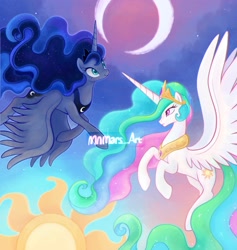 Size: 1848x1951 | Tagged: safe, artist:mn27, derpibooru import, princess celestia, princess luna, alicorn, pony, crescent moon, day, duo, female, flying, mare, moon, night, profile, royal sisters, siblings, sisters, spread wings, sun, wings