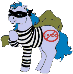 Size: 300x302 | Tagged: safe, artist:the land of bliss, derpibooru import, oc, oc:bad traders pony, earth pony, pony, g1, bag, clothes, earth pony oc, eye mask, g1 oc, holding, lowres, mask, sack, shirt, simple background, solo, striped shirt, transparent background