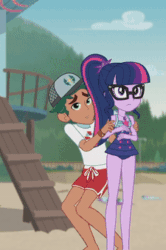 Size: 225x338 | Tagged: safe, derpibooru import, screencap, sci-twi, sunset shimmer, timber spruce, twilight sparkle, better together, equestria girls, unsolved selfie mysteries, animated, beach, blushing, cap, clothes, coward, cropped, duo focus, female, gif, glasses, hand on hip, hands on hip, hat, male, offscreen character, pathetic, sandals, sci-twi is not amused, sleeveless, swimsuit, trio, whistle