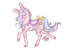 Size: 1280x890 | Tagged: safe, artist:kirakiracalico, derpibooru import, oc, oc only, pony, unicorn, colored hooves, eyes closed, horn, raised hoof, raised leg, saddle, signature, simple background, smiling, tack, unicorn oc, white background