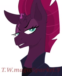 Size: 1080x1331 | Tagged: safe, artist:t.w.magicsparkel.9, derpibooru import, tempest shadow, pony, bedroom eyes, broken horn, eye scar, eyelashes, female, horn, mare, scar, simple background, solo, white background