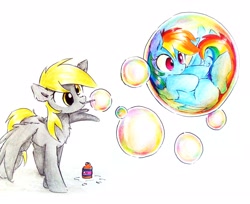 Size: 3213x2617 | Tagged: safe, artist:liaaqila, derpibooru import, derpy hooves, rainbow dash, pegasus, pony, blowing bubbles, bubble, commission, cute, dashabetes, derpabetes, duo, female, in bubble, mare, mouth hold, simple background, smiling, traditional art, white background