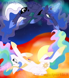 Size: 1080x1209 | Tagged: safe, artist:t.w.magicsparkel.9, derpibooru import, princess celestia, princess luna, alicorn, pony, duo, female, flying, full moon, glowing horn, hoof shoes, horn, jewelry, mare, moon, night, peytral, siblings, sisters, stars, sun, tiara, wings