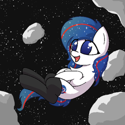 Size: 512x512 | Tagged: safe, artist:shepardinthesky, derpibooru import, oc, oc only, oc:nasapone, pony, asteroid, chest fluff, clothes, cute, floating, open mouth, pixel art, socks, solo, space, zero gravity