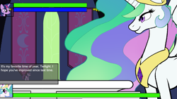 Size: 1641x925 | Tagged: safe, derpibooru import, princess celestia, twilight sparkle, boss battle, game, game screencap, giantlestia, implied vore, macro, micro, preylight, princess vorestia