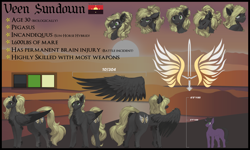 Size: 5000x3000 | Tagged: safe, artist:nsilverdraws, artist:veen, derpibooru import, oc, oc only, oc:astral moonsyde, oc:veen sundown, horse, pegasus, pony, unicorn, adorkable, backstory, bio in description, blonde, chest fluff, cute, cutie mark, dork, duo, ear piercing, female, flag, happy, high res, jewelry, laughing, leg fluff, male, mare, name, pegasus oc, piercing, ponytail, reference sheet, size comparison, size difference, smug, spread wings, stallion, standing, startled, sundown clan, sunset, surprised, sword, taildock piercing, text, tired, weapon, wing piercing, wings