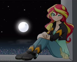 Size: 4096x3333 | Tagged: safe, artist:kittyrosie, derpibooru import, sunset shimmer, equestria girls, blushing, breasts, cleavage, cute, female, full moon, high res, human coloration, looking at you, moon, night, one eye closed, shimmerbetes, smiling, solo, wink