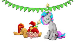 Size: 2560x1440 | Tagged: safe, artist:mysticalpha, derpibooru import, oc, oc only, oc:primepeak, oc:vapourwave, pegasus, pony, cake, food, hat, party hat, simple background, white background