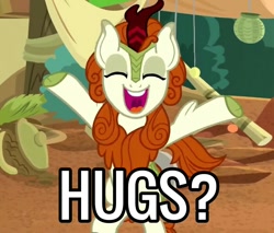 Size: 840x715 | Tagged: safe, derpibooru import, edit, edited screencap, screencap, autumn blaze, kirin, season 8, sounds of silence, spoiler:s08, awwtumn blaze, bipedal, bronybait, cute, eyes closed, happy, hug request, solo, uvula