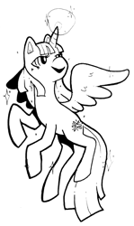 Size: 483x810 | Tagged: safe, artist:aa-ko-sama, derpibooru import, twilight sparkle, twilight sparkle (alicorn), alicorn, pony, female, flying, glowing horn, horn, lineart, looking back, mare, monochrome, simple background, solo, white background, wings