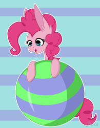 Size: 2574x3300 | Tagged: safe, artist:julia-dyrak, derpibooru import, pinkie pie, earth pony, pony, abstract background, ball, cute, diapinkes, ear fluff, ears, female, high res, mare, open mouth, signature, solo