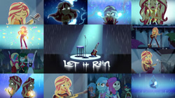 Size: 1280x721 | Tagged: safe, derpibooru import, edit, edited screencap, editor:quoterific, screencap, bon bon, lyra heartstrings, sunset shimmer, sweetie drops, wallflower blush, better together, equestria girls, let it rain, clothes, cutie mark, cutie mark on clothes, eyes closed, geode of empathy, guitar, lighting, magical geodes, microphone, microphone stand, music festival outfit, musical instrument, open mouth, rain, singing