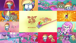 Size: 1978x1113 | Tagged: safe, derpibooru import, edit, edited screencap, editor:quoterific, screencap, applejack, dishwater slog, fluttershy, pinkie pie, rainbow dash, rarity, twilight sparkle, twilight sparkle (alicorn), alicorn, earth pony, pegasus, pony, unicorn, my little pony: pony life, the best of the worst, dot eyes, face to face, female, fire, giant pony, giantshy, looking at you, macro, male, mane of fire, mane six, mare, micro, pouty lips, race, rainbow dash is best facemaker, stallion, title card