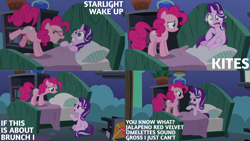 Size: 1280x720 | Tagged: safe, derpibooru import, edit, edited screencap, editor:quoterific, screencap, pinkie pie, starlight glimmer, earth pony, pony, unicorn, rock solid friendship, season 7, bed, blanket, duo, duo female, eyes closed, female, in air, mare, open mouth, pillow, raised hoof, raised leg, sitting, smiling, surprised, yelling