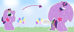 Size: 1280x560 | Tagged: safe, artist:dragonwhiskerss, derpibooru import, spike, twilight sparkle, twilight sparkle (alicorn), oc, alicorn, dragon, human, inflatable pony, original species, pony, semi-anthro, balloon, bipedal, clothes, color outline, colored pupils, costume, female, forced smile, glasses, grin, inflatable, latex, latex pony, male, mare, misunderstanding, no pupils, rubber, rubber pony, shiny, simple background, sitting, smiling, spread wings, sweat, sweatdrop, transformation, transformation sequence, transgender transformation, wings