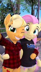 Size: 2160x3840 | Tagged: safe, artist:owlpirate, derpibooru import, applejack, fluttershy, earth pony, pegasus, pony, semi-anthro, 3d, appleshy, bipedal, blushing, clothes, duo, duo female, female, lesbian, one eye closed, selfie, shipping