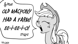 Size: 1200x675 | Tagged: safe, artist:pony-berserker, derpibooru import, applejack, pony-berserker's twitter sketches, eyes closed, old macdonald had a farm, singing, song, stippling