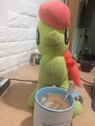 Size: 2448x3264 | Tagged: safe, artist:topsangtheman, derpibooru import, peachy sweet, earth pony, pony, apple family member, coffee, coffee cup, cup, irl, looking at you, photo, plushie, solo