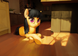 Size: 2291x1642 | Tagged: safe, artist:cannibalus, derpibooru import, oc, oc only, earth pony, commission, crossed legs, earth pony oc, eye shimmer, fanfic art, female, interior, looking at you, lying down, mare, prone, solo