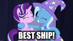 Size: 1280x720 | Tagged: safe, derpibooru import, edit, edited screencap, screencap, starlight glimmer, trixie, pony, unicorn, road to friendship, best ship, bipedal, cape, caption, clothes, duo, duo female, eyes closed, female, gritted teeth, hat, image macro, imgflip, lesbian, shipping, startrix, teeth, text, trixie's cape, trixie's hat