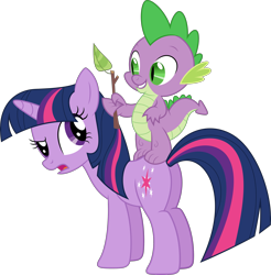 Size: 3000x3046 | Tagged: safe, artist:dashiesparkle, derpibooru import, spike, twilight sparkle, unicorn twilight, dragon, pony, unicorn, fall weather friends, .svg available, butt, female, high res, leaf, male, mare, open mouth, plot, simple background, teeth, transparent background, twig, vector