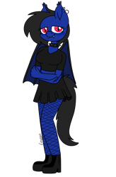 Size: 1244x1900 | Tagged: safe, artist:eowyn, derpibooru import, oc, oc:zero shadow, anthro, bat pony, plantigrade anthro, anthro oc, bat pony oc, blushing, choker, clothes, crossed arms, ear piercing, earring, female, fishnets, goth, jewelry, looking at you, piercing, shoes, simple background, skirt, solo, spiked choker, transparent background, wings