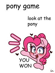 Size: 1100x1457 | Tagged: safe, artist:lou, derpibooru import, pinkie pie, earth pony, pony, blushing, bust, comic sans, cute, diapinkes, female, game, heart, looking at you, meme, simple background, smiling, smiling at you, solo, white background