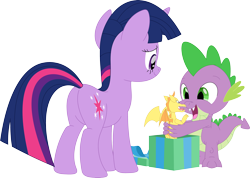 Size: 3563x2538 | Tagged: safe, artist:porygon2z, derpibooru import, spike, twilight sparkle, unicorn twilight, dragon, pony, unicorn, butt, duo, female, happy, male, open mouth, plot, present, simple background, smiling, toy, transparent background, twibutt, vector