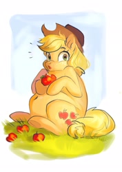 Size: 1448x2048 | Tagged: safe, artist:sofiko-ko, derpibooru import, applejack, earth pony, pony, apple, applefat, fat, food, looking at you, sitting, solo, surprised, that pony sure does love apples, wide eyes