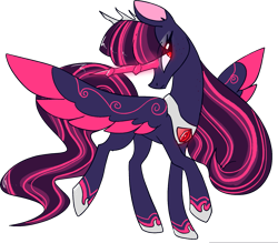 Size: 1565x1374 | Tagged: safe, artist:northernlightsone, derpibooru import, oc, oc only, oc:princess ebony moon, alicorn, pony, alicorn oc, coat markings, crown, eyeshadow, female, glowing horn, hoof shoes, horn, jewelry, magic, makeup, mare, multicolored hair, raised hoof, raised leg, regalia, simple background, solo, transparent background, wings