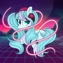 Size: 2000x2000 | Tagged: safe, artist:splashofsweet, derpibooru import, earth pony, pony, anime, hatsune miku, headphones, looking at you, ponified, smiling, solo, synthwave, vocaloid