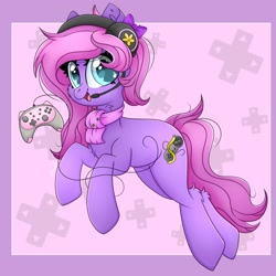 Size: 2000x2000 | Tagged: safe, artist:splashofsweet, derpibooru import, oc, oc only, earth pony, pony, bow, chest fluff, clothes, controller, hair bow, headset, looking at you, scarf, smiling, solo