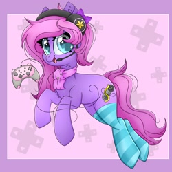 Size: 2000x2000 | Tagged: safe, alternate version, artist:splashofsweet, derpibooru import, earth pony, pony, bow, chest fluff, clothes, controller, hair bow, headset, looking at you, scarf, smiling, socks, solo, striped socks, thigh highs