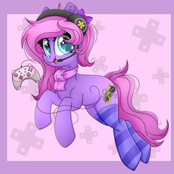 Size: 2000x2000 | Tagged: safe, alternate version, artist:splashofsweet, derpibooru import, earth pony, pony, bow, chest fluff, clothes, controller, hair bow, headset, looking at you, scarf, smiling, socks, solo, striped socks, thigh highs