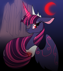 Size: 1000x1123 | Tagged: safe, artist:northernlightsone, derpibooru import, oc, oc only, oc:princess ebony moon, alicorn, pony, alicorn oc, blood moon, castle, coat markings, crescent moon, crown, eyeshadow, female, glowing horn, horn, jewelry, magic, makeup, mare, moon, night, regalia, solo, wings