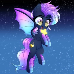 Size: 2000x2000 | Tagged: safe, artist:splashofsweet, derpibooru import, oc, oc only, bat pony, flying, happy, smiling, solo, spread wings, stars, wings