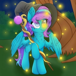 Size: 2048x2048 | Tagged: safe, artist:splashofsweet, derpibooru import, oc, oc only, pegasus, pony, chest fluff, hat, smiling, solo, spread wings, staff, wings