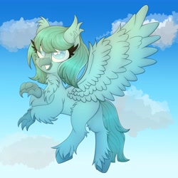 Size: 4096x4096 | Tagged: safe, artist:splashofsweet, derpibooru import, oc, oc only, hippogriff, chest fluff, flying, smiling, solo, spread wings, wings