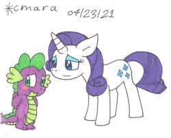 Size: 1113x894 | Tagged: safe, artist:cmara, derpibooru import, rarity, spike, dragon, pony, unicorn, blushing, eyeshadow, female, makeup, male, mare, shipping, simple background, sparity, straight, traditional art, white background